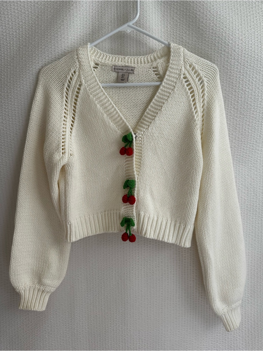 SINCERELY JULES Cream Cherry Button Cropped Cardigan Sweater Knit Small NWOT
